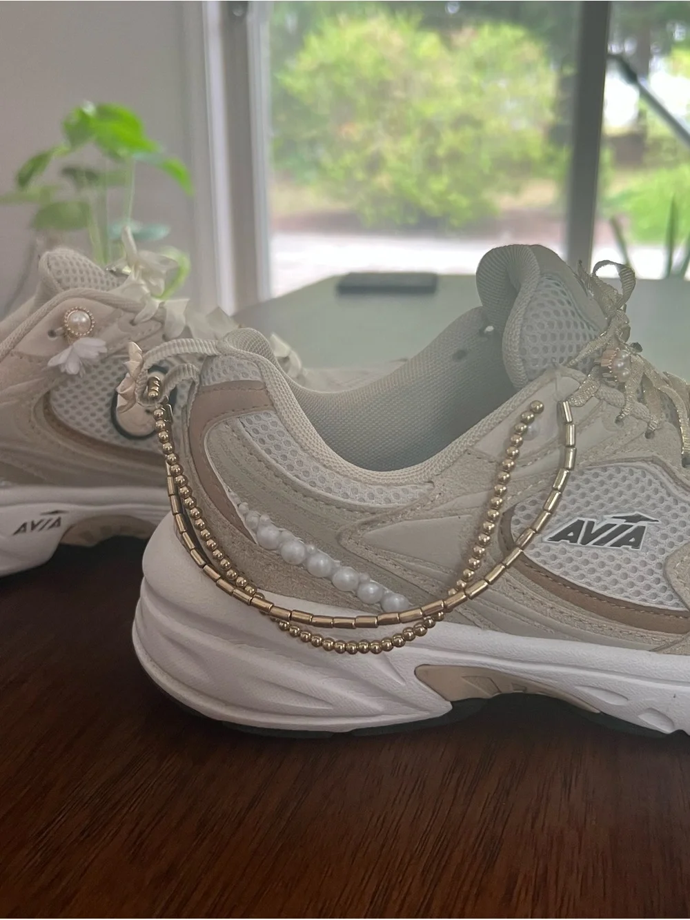 Custom designed Avia Women's Cream and Gold Sneakers